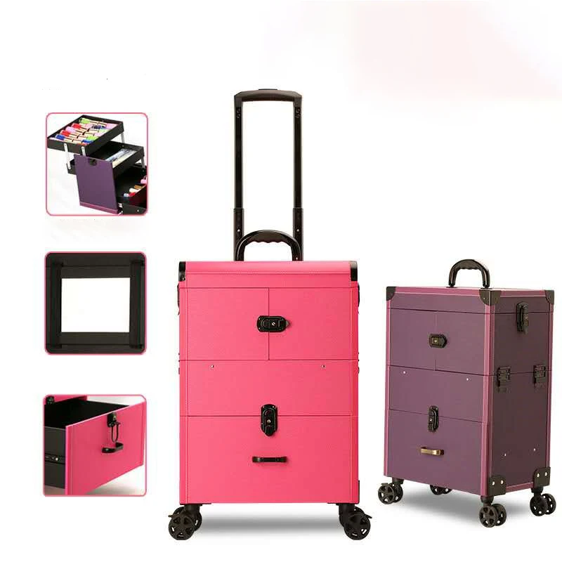 High Quality Cosmetic Case Women Men Nails Makeup Toolbox Rolling Luggage Trolley Beauty Tattoo Suitcases