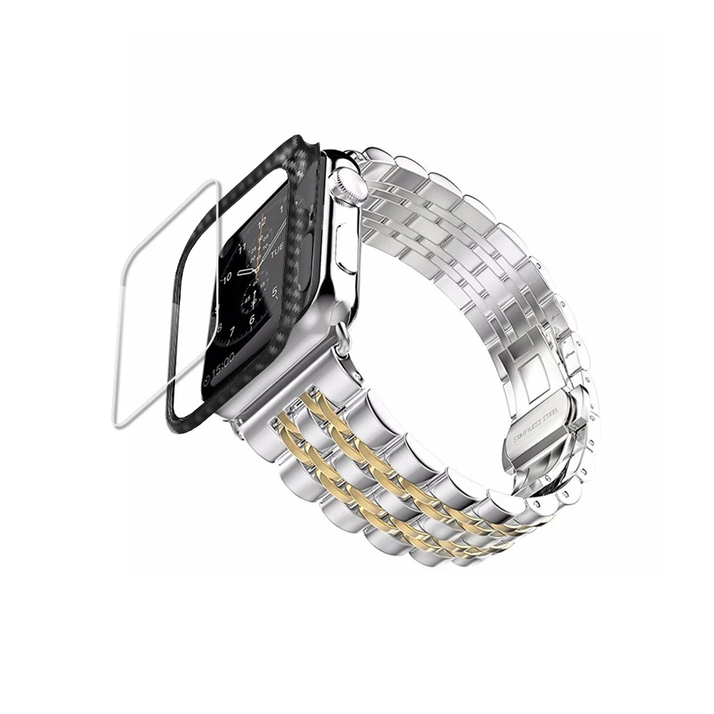 Gold band case Чехол из углеродного волокна+ ремешок для apple watch band 44 мм 40 мм apple watch 5 4 3 42 мм/38 мм iwatch band correa ремешок из нержавеющей стали - Цвет ремешка: Gold band case
