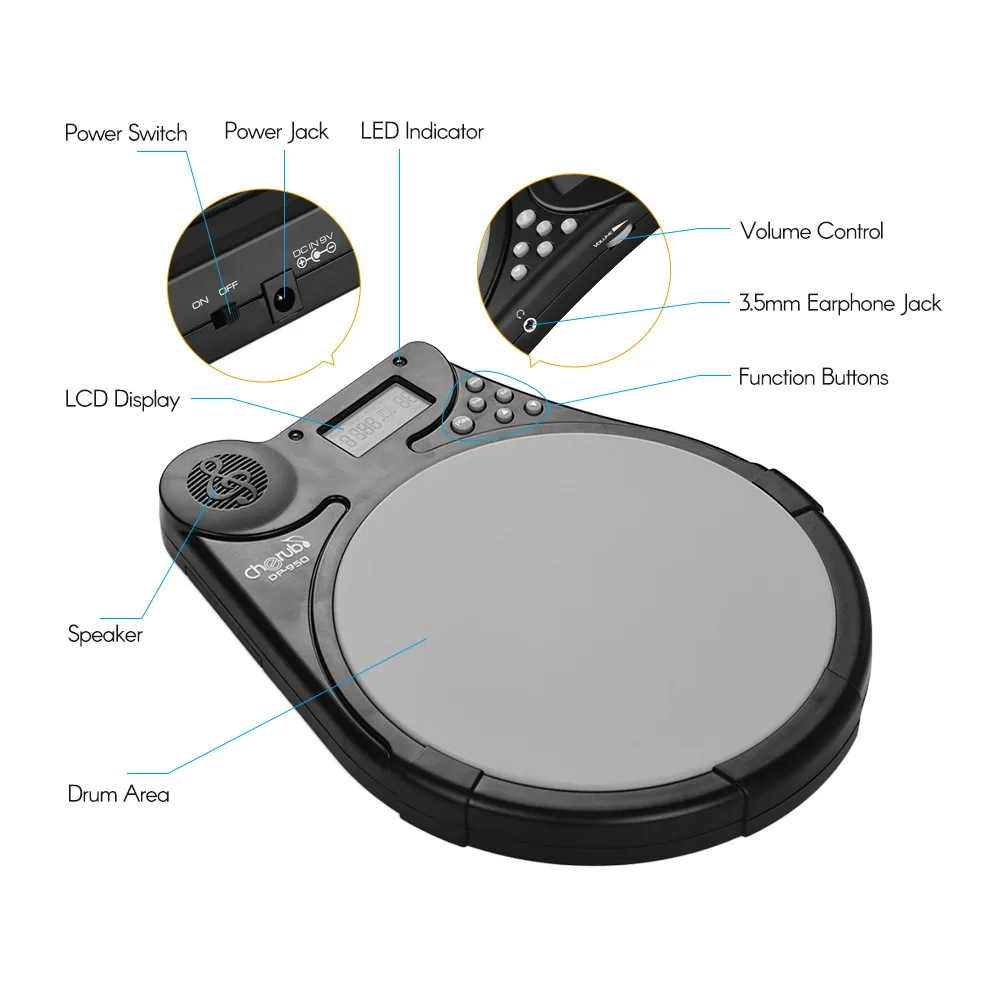 

Cherub DP-950 Drum Practice Pad with 9 Preset Drum Styles + Drum Pad Metal Stand 46cm-79cm Adjustable Height with Carry Bag