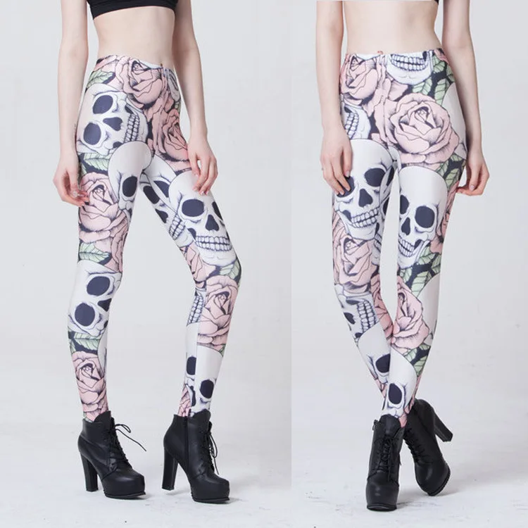 

Europe And America Star Digital Skull Necklace Leggings Wear Flowers Skull Capri Pants Elasticity Leg-shape Care Yoga Pants Slim