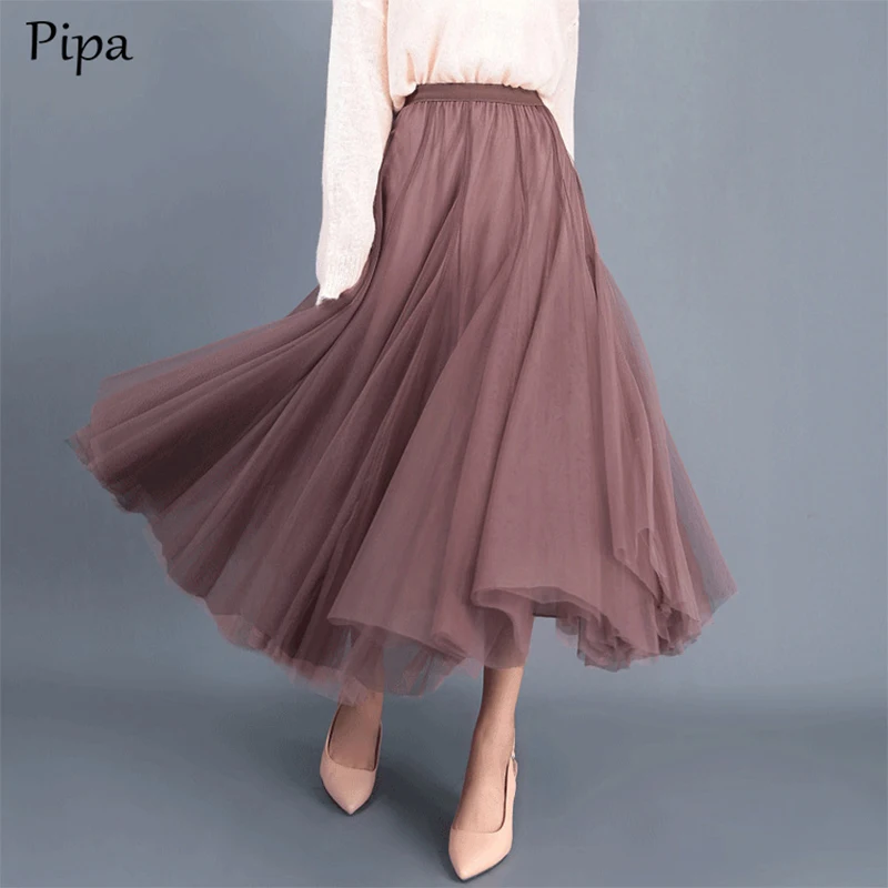 

Embroidery Korean Long Tulle Skirt Women 2020 New Autumn Winter Elegant High Waist A-line Pleated Midi Skirt Female
