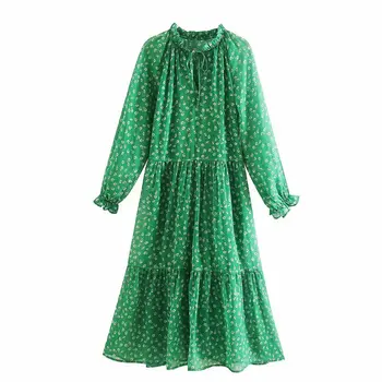 

2020 New Spring Summer New Style European Printed Chiffon Dress Women Green dress zaraing vadiming sheining women female dress