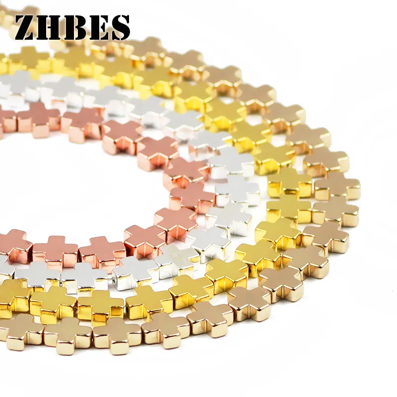 

8mm 46pcs Natural Stone Gold Colour Jesus Cross Hematite Spacer Loose Beads For DIY Jewelry Making Bracelet Accessories