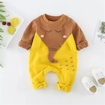 

PatPat Cute Elephant Design Long-sleeve Jumpsuit for Baby Color Blocking Shoulder Bottom Snap Spring Autumn Cotton Leisure