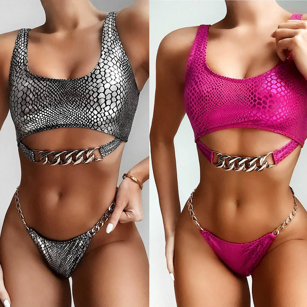 

2020 Sexy Snake Print Thong Bikini Set High Waist Swimwear Women Chain Swimsuit Female Brazilian Bikini Bathers Bathing Suit