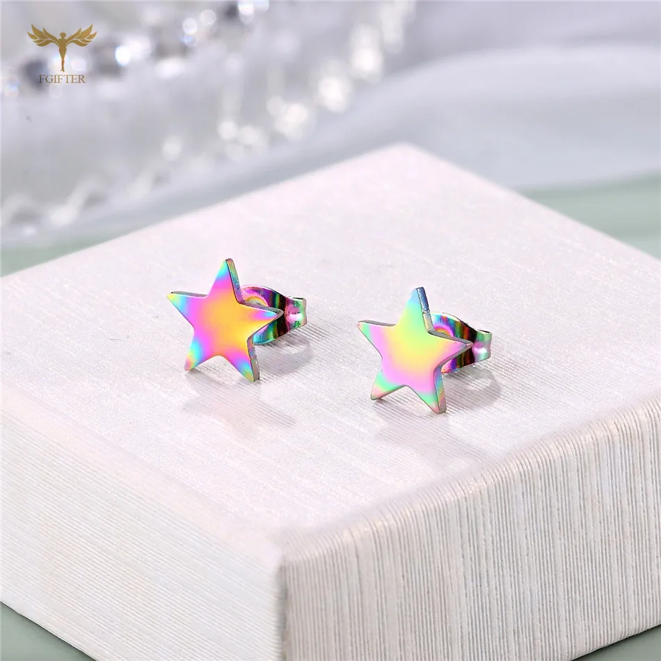 12 Pairs Pack Rainbow Colorful Star Earrings Wholesale Stainless Steel Jewelry Minimalist Geometric Ear Piercing Studs Accessory 3
