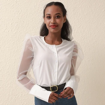 

New Women V-neck Sexy Long Sleeve Mesh Patchwork Shirts Summer Autumn Casual Solid Button Blouse Office Ladies Tops