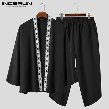 

INCERUN Chinese Style Men Sets Lace Patchwork 2020 Long Sleeve Open Stitch Shirts Cardigan Casual Elastic Waist Pants Mens Suits