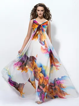 

Dressv Floral Chiffon Prom Dress Colorful Print A Line V Neck Floor Length Sleeveless Gorgeous Style Women Empire Prom Dress