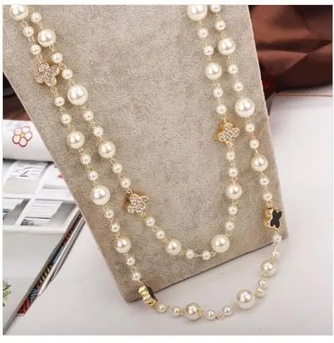 Korean long pearl2 row extension necklace multi-layer clover sweater chain Factory Wholesale price Women Giftword Jewelry | Украшения и