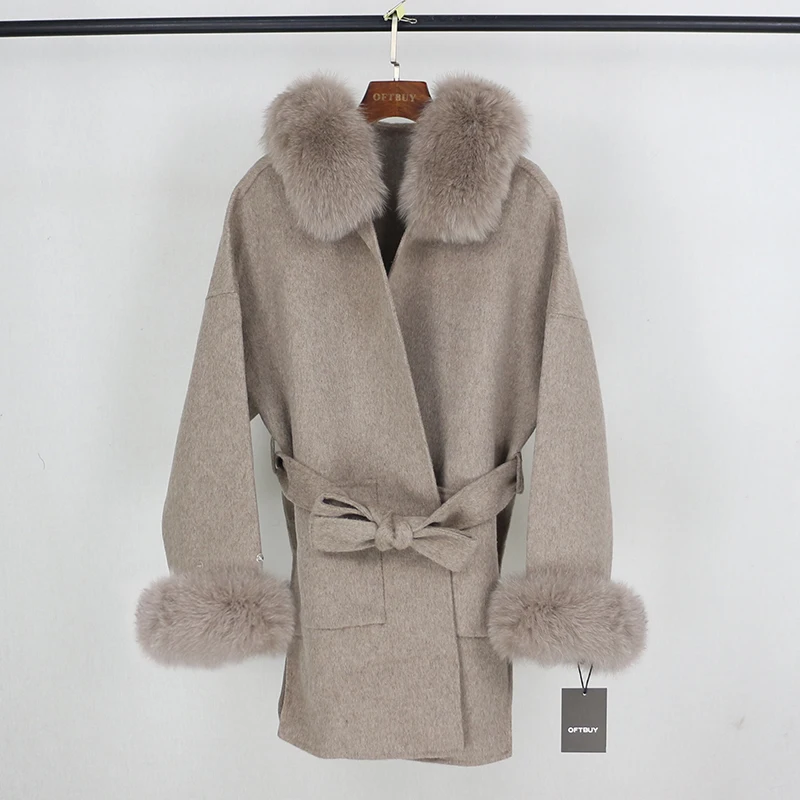 OFTBUY пальто с натуральным мехом, зимняя куртка для женщин, Воротник из натурального Лисьего меха, манжеты на капюшоне, кашемировая шерсть, шерстяная женская верхняя одежда больших размеров - Цвет: short light brown