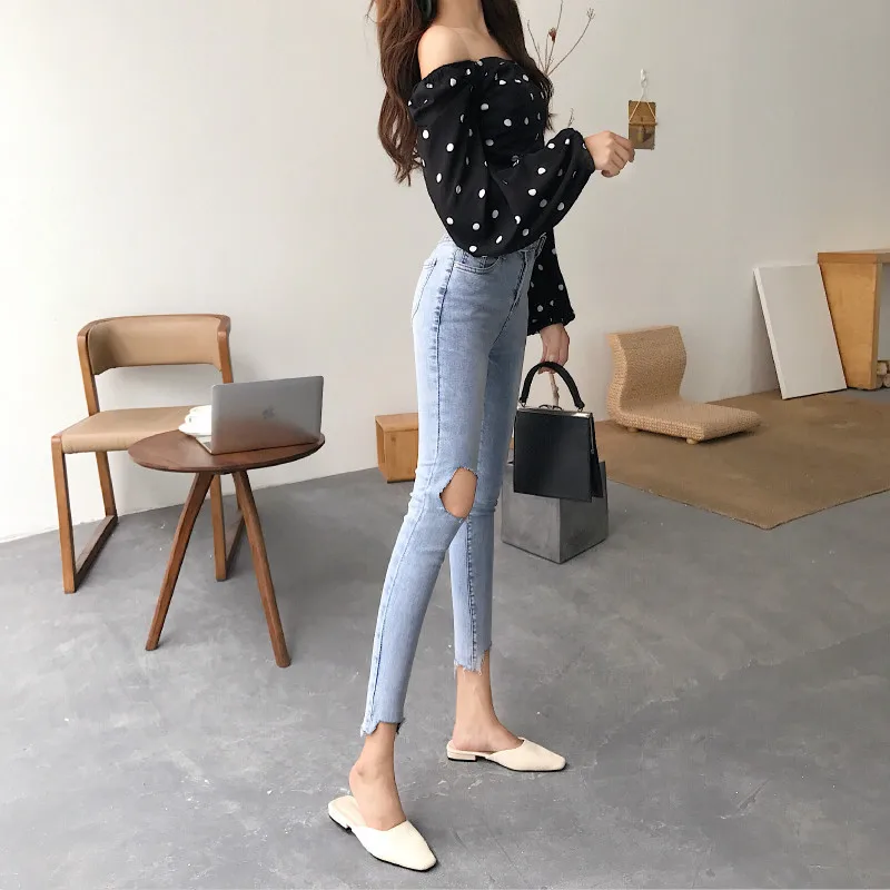 Hole-tight jeans design sense waistband nine-minute pants pencil pants women