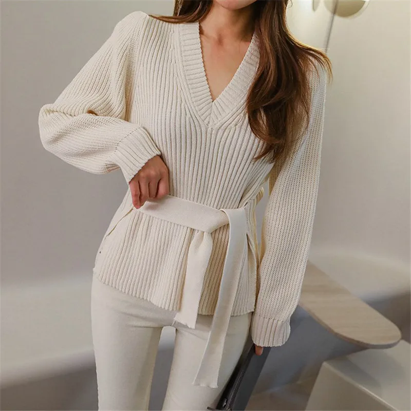 solid lace up sweater pullover v neck long sleeve casual knitted clothing autumn winter elastic warm knit pullovers P501 solid lace up sweater pullover v neck long sleeve casual knitted clothing autumn winter elastic warm knit pullovers P501