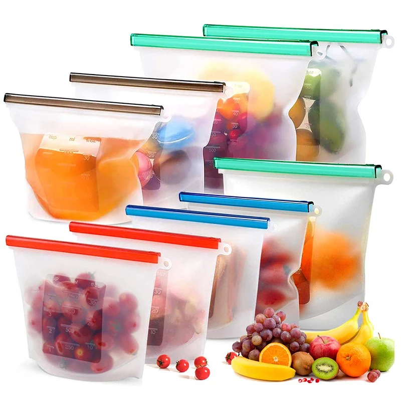 

Reusable Food Storage Bags BPA Free 4-Pack Zip lock Silicone Food Bag Set Freezer & Microwave Safe Washable Zip Lunch Baggies