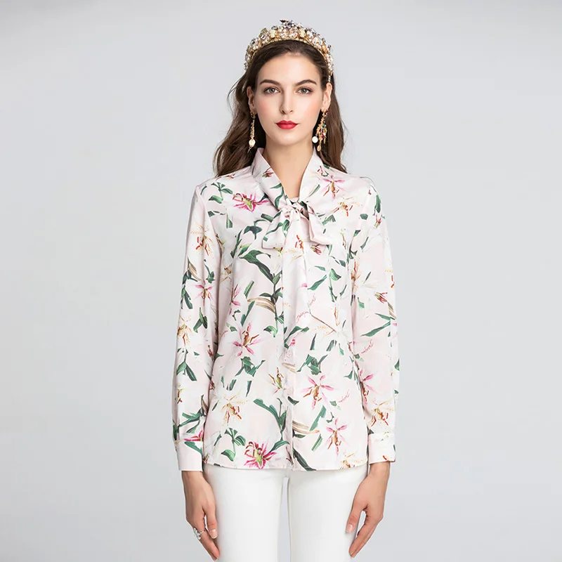 

New Fashion 2019 Designer Tops Women's Long Sleeve Floral Bow Collar Blouse Shirt