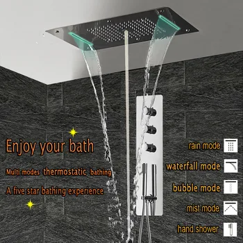 

Concealed Ceiling Bathroom Shower Set Wall Mounted 700*380 mm Electric LED Remote Controller Large Rainfall Panel Shower Kit
