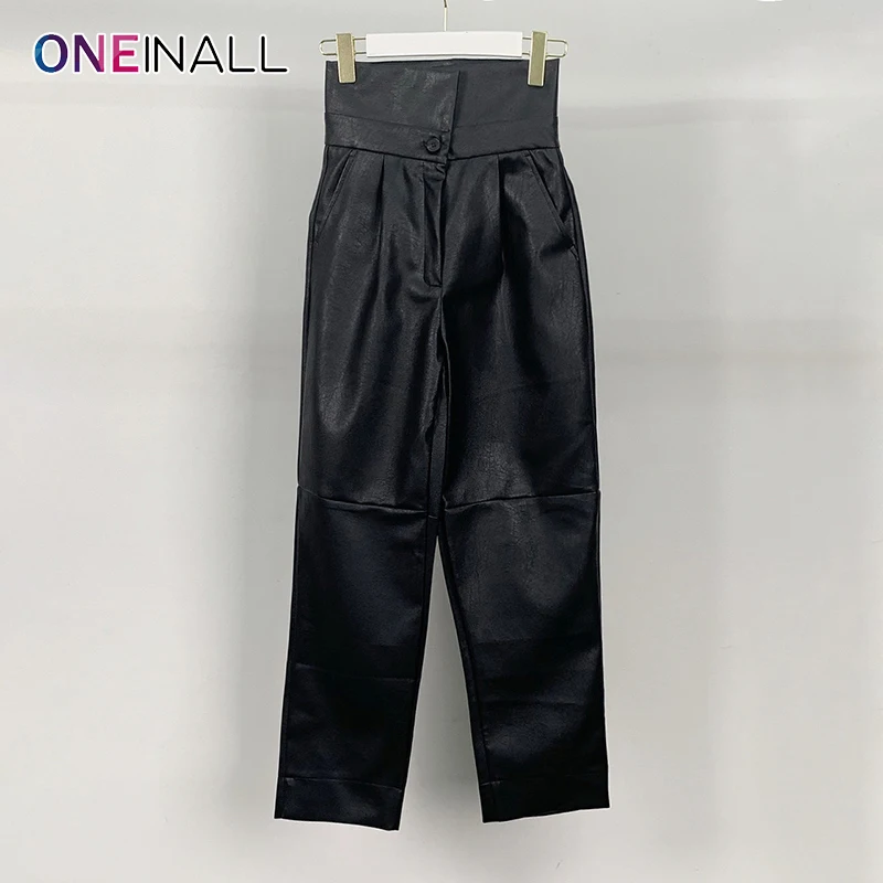 

ONEINALL Solid PU Ankle Length Pants For Women High Waist Fold Pleated Slim Minimalist Casual Pant Female 2021 Autumn Clothing