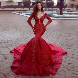 Red Sexy Long Mermaid Evening Dress Deep V-neck Court Train Prom Party Dresses  Long Sleeve Dresses Split Backless For Women