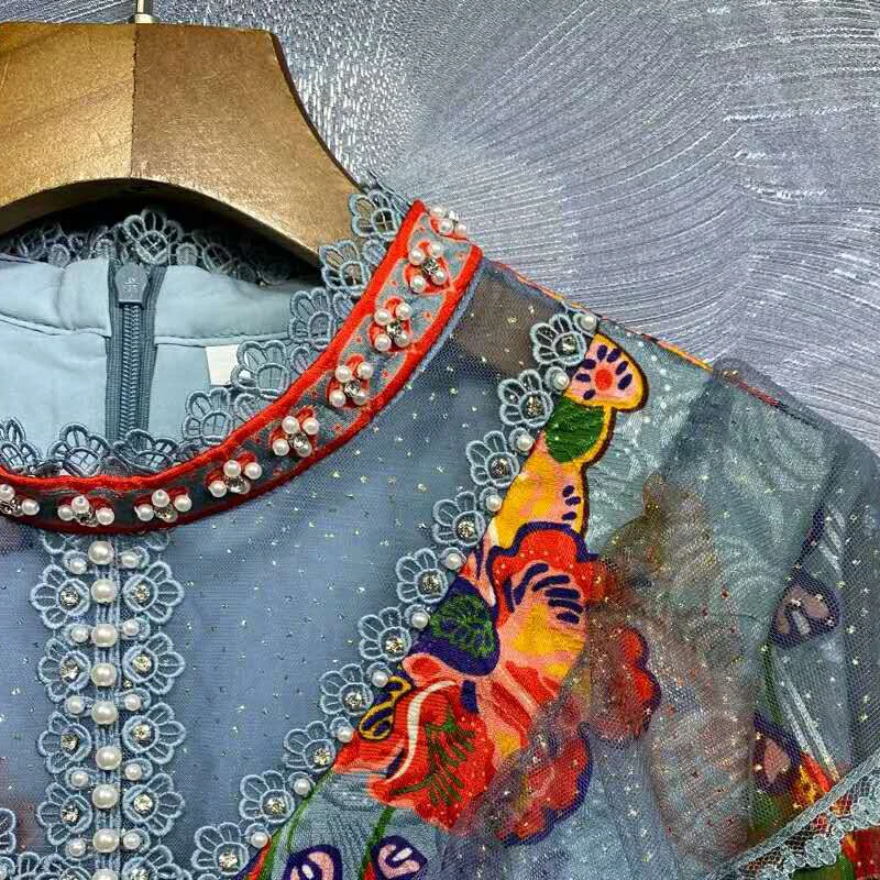 SEQINYY Blue Vintage Dress Flowers Print 2020 Summer Spring New Fashion Design Women Ruffles Luxury Beading Jacquard Runway