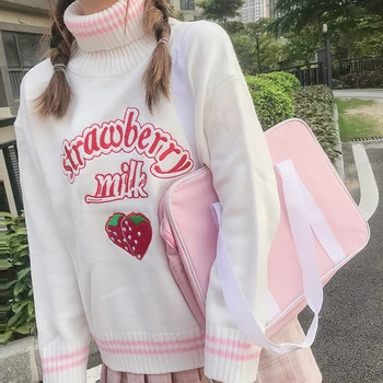 

Winter Cute Women Turtleneck Sweater Harajuku Kawaii Strawberry Milk Pink Femme Pull Jumper High Neck White Knitted Sweaters