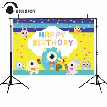 

Allenjoy Strange Cell Event Photocall Colorful Ice Cream Polka Dot Bow Striped Party Supplies Happy Birthday Home Decor for Kids