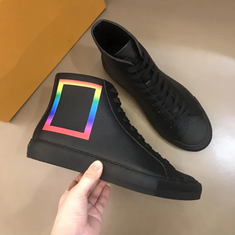 

Top material cool style Black leather rainbow color print Man Sneakers High-top lace-up casual shoes lovers canvas shoes 38-45