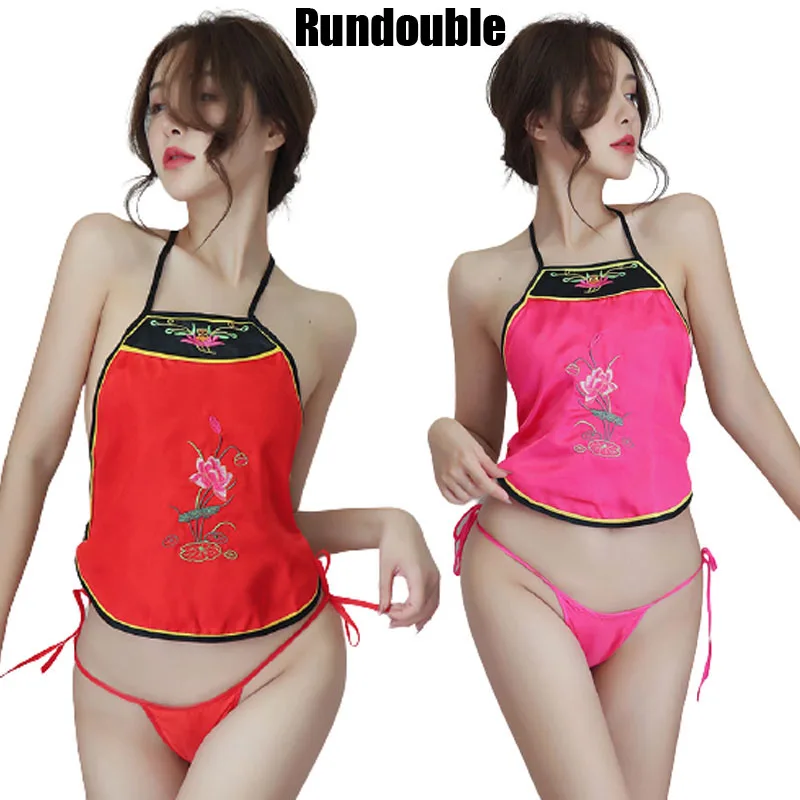 

Sexy Red Chinese Element Women's Embroider Flower Dudou Underclothes Suit Halter Bellyband+Jams Short Pants Nightdress One Size