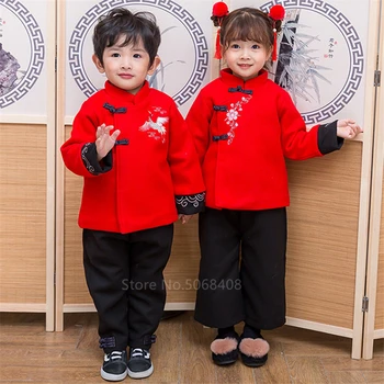 

Chinese New Year Clothes Kids Tang Suit Infant Traditional Emboridery Crane Birthday Boy Girl Chinese Top Jacket Pants Hanfu Men