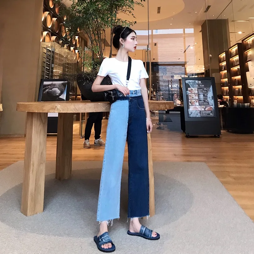 Осень, стиль, корейский стиль, модные поддельные две части, контрастное цветное соединение, джинсы для женщин, Hong Kong Flavor, прямые капри