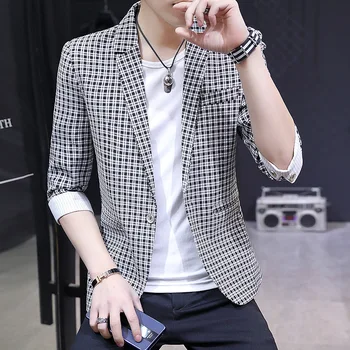 

Seven Points Sleeve Grid Slim Fit Small Suit Male Middle Sleeve Short Money Coat Return