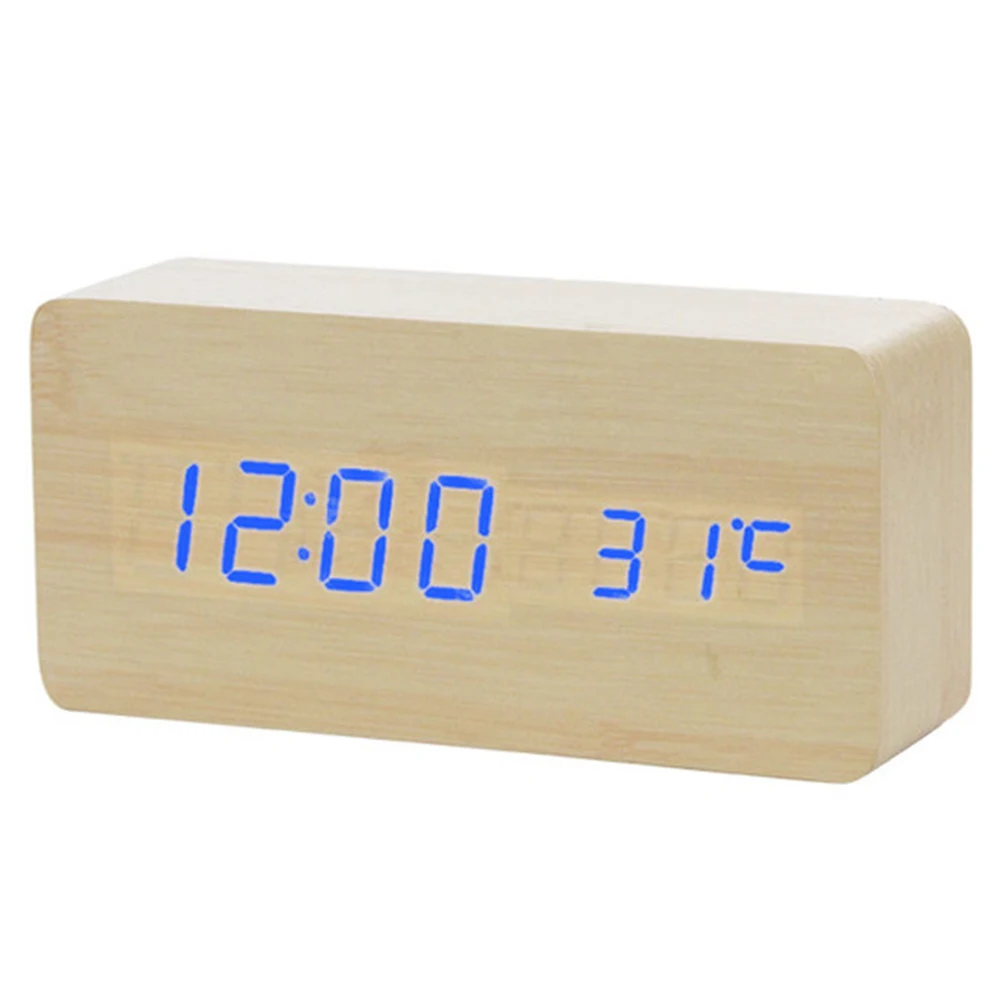 New Voice Control LED Alarm Clock, Digital Thermometer Wooden Backlight Wood Retro Glow Clock Table Luminous Alarm Clocks - Цвет: Blue Number Yellow