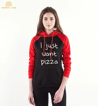 

2020 New Spring Autumn Kawaii Sweatshirts Women I just Want Pizza Letters Print Funny Women Raglan Hoodies Red Black Tracksuit