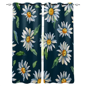 

Watercolor White Daisy Flower Window Curtains Living Room Kitchen Curtains for Bedroom Left and Right Biparting Open Curtains