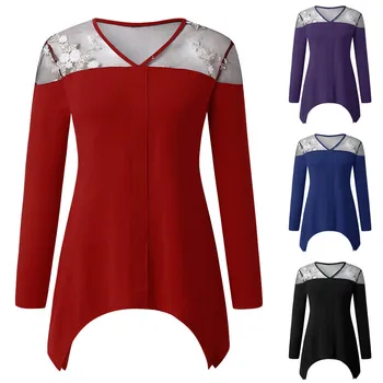 

Plus Size Fashion Womens Tops And Blouses Solid Color V-neck Lace Long Sleeve Blouse Women Shirt ropa mujer блузка женская