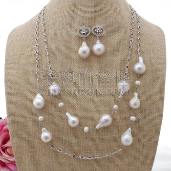 

S101905 48" White Keshi Pearl Chain Long Necklace Earrings Set
