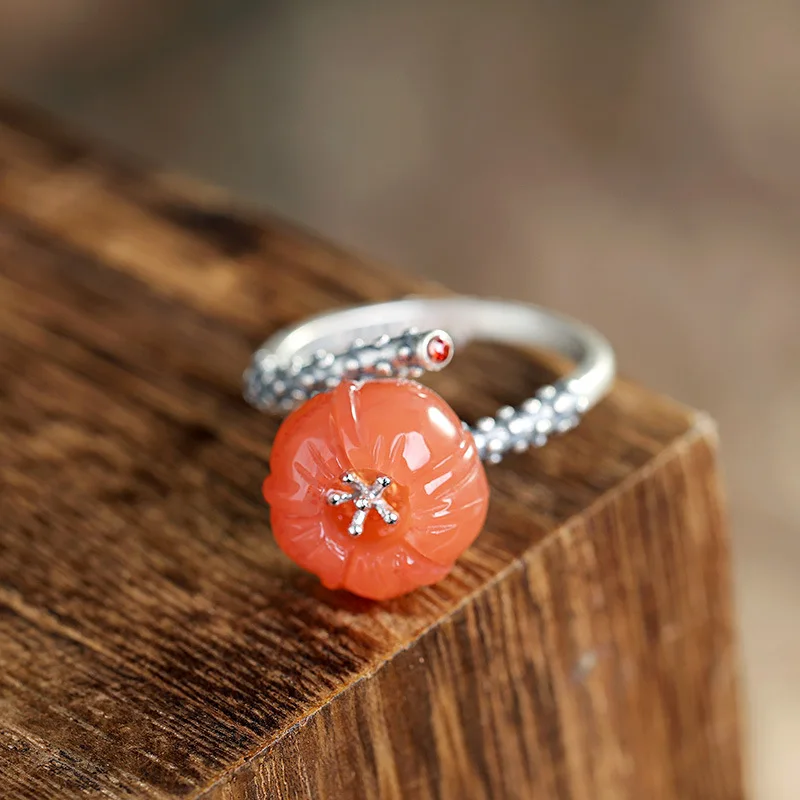 

Genuine 925 Sterling Silver Ring Inlay Red Agate Flower Shaped Opening Ring Fine Jewelry For Women Anniversary Gift