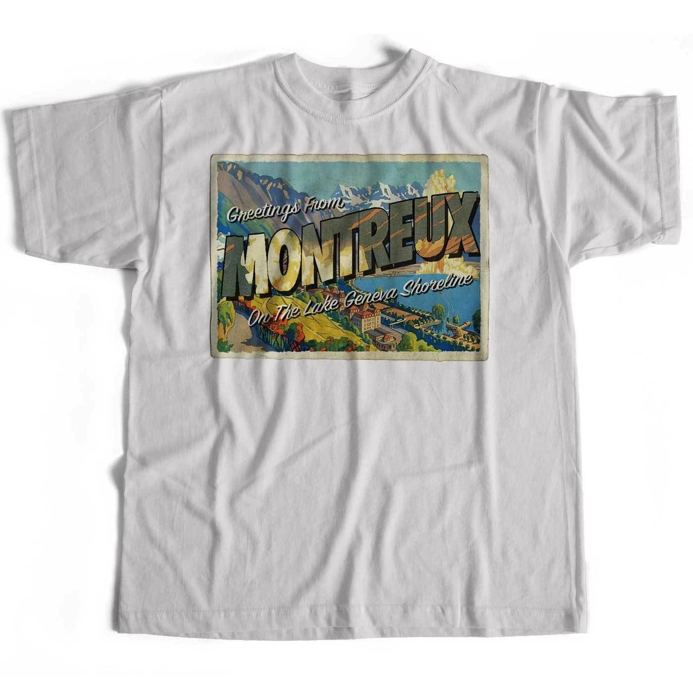 Greetings From Montreux T Shirt On The Lake Geneva Shoreline Rock Postcard | Мужская одежда