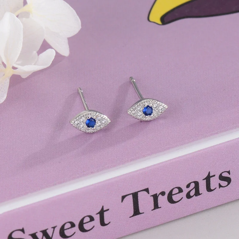 Elegant Blue Zircon Evil Eye Sterling Silver Stud Earrings