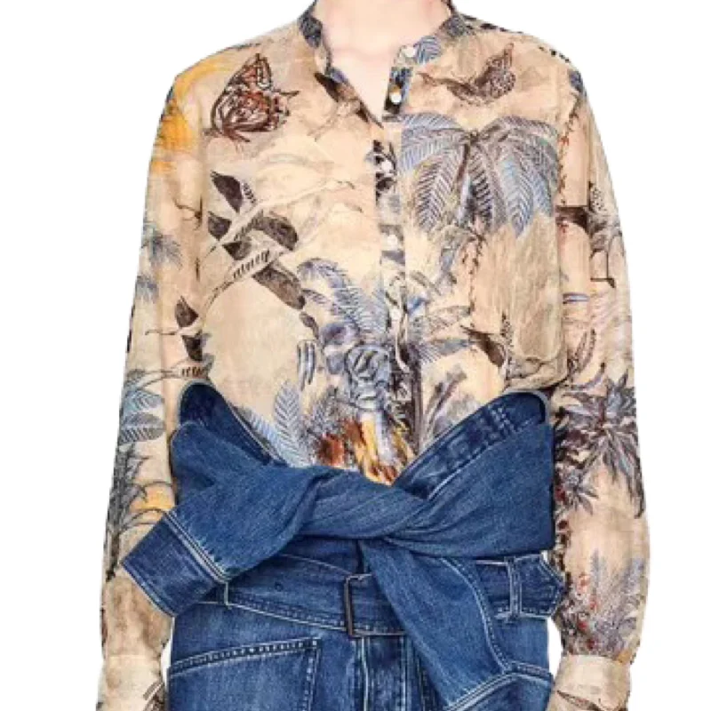 

EXCOSMIC Vacation Embroidery Top Bow Floral Animal Print Elegant Party Shirt LongTop Autumn And Winter New Women's Blouse 2019SS