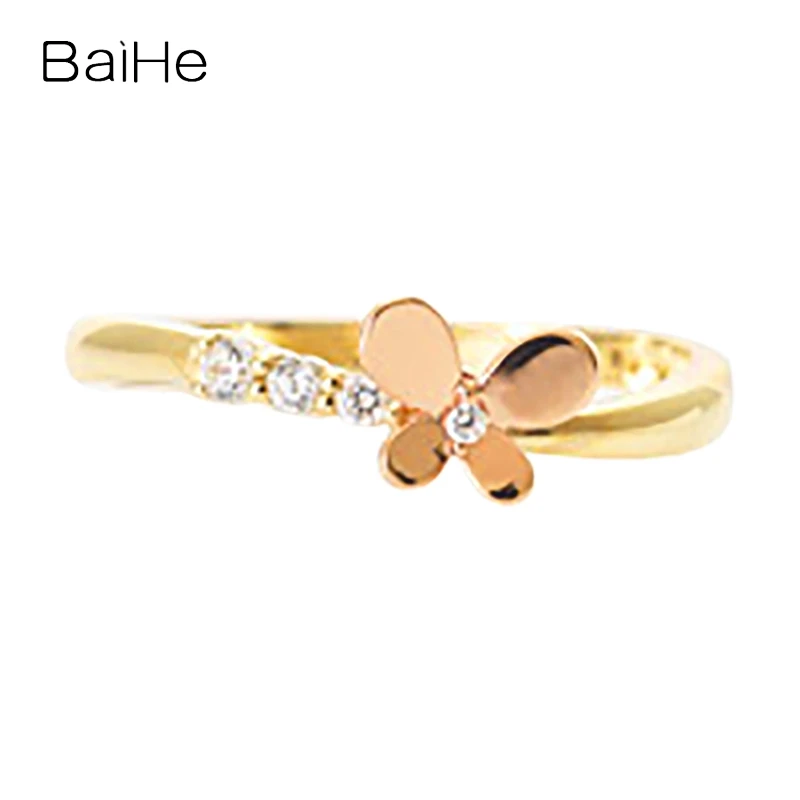Baihe Solid 14K Yellow + Rose Gold Natural Diamond Butterfly Ring Women Fine Jewelry Making Anillo Mariposa Anel Borboleta