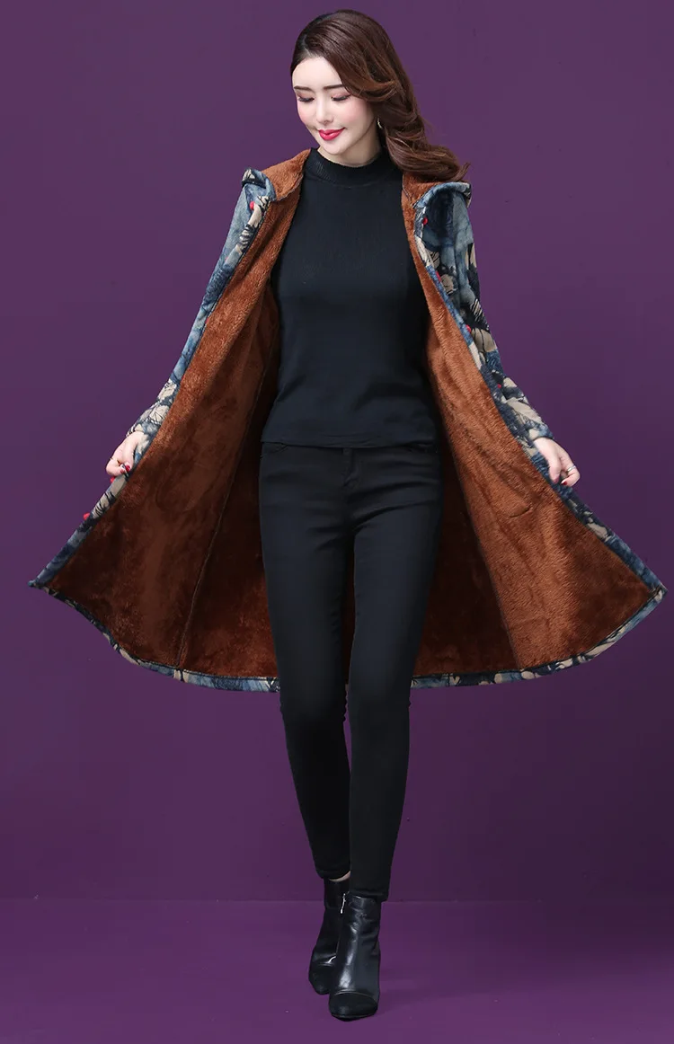 Зимнее Новое Стильное женское платье большого размера, шерстяное пальто средней длины с капюшоном с начесом и толстым принтом, теплое хлопковое пальто для женщин, ветровка