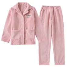 Фланелевый кардиган с буквенным принтом, Женский пижамный комплект, зимний отложной воротник, карманы, женская и Мужская одежда для сна, повседневный Теплый Женский пижамный комплект