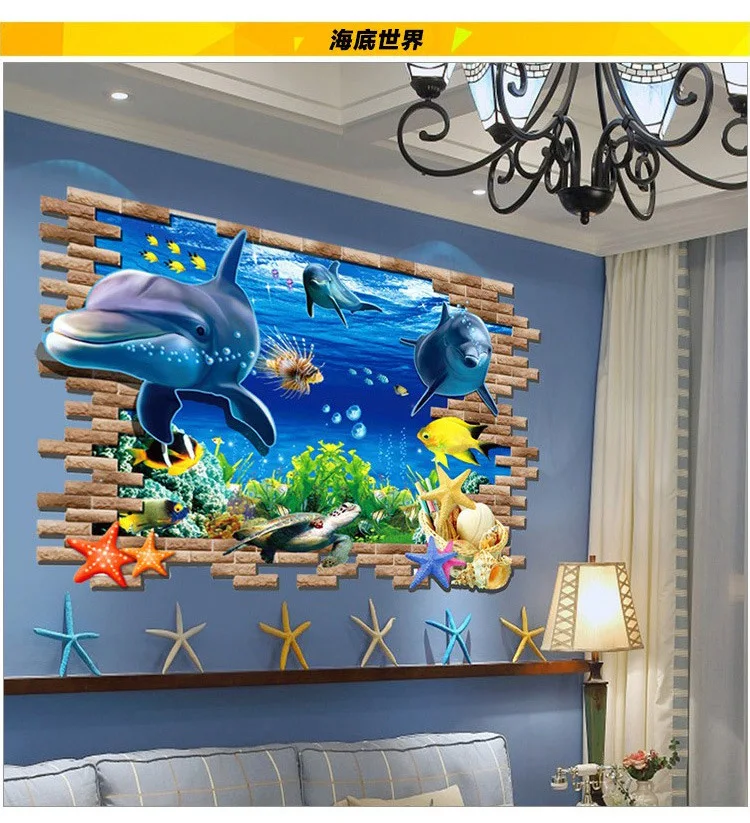 3D настенные наклейки декоративная роспись креативная домашняя гостиная настенная клейкая бумага самоклеющаяся детская мультяшная стена Дельфин