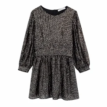 

Za women's new round neck puffy long sleeve dress in autumn 2019 with contrast stitching beads special mini dress 06206105303