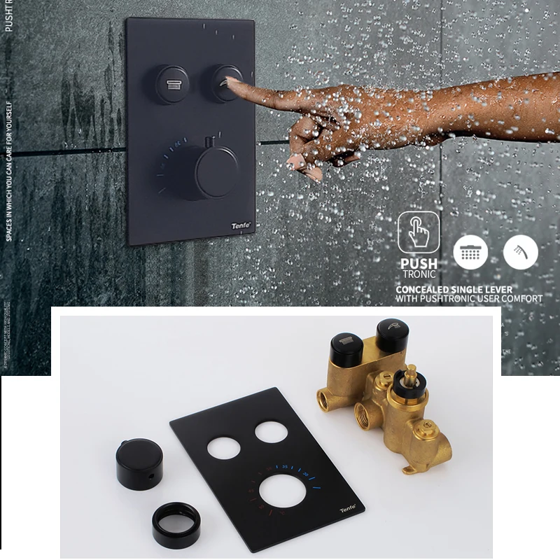 quyanre wanfan matte black thermostatic shower faucets set brass rainfall shower head abs 3-way handshower 2 buttons switch bathroom shower5