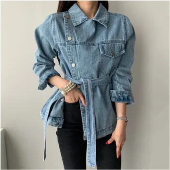

WOMENGAGA Asymmetrical Denim Jacket Lapel Collar Long Sleeve Lace Up Oversized Female Coats 2020 Autumn Fashion Clothes XX189
