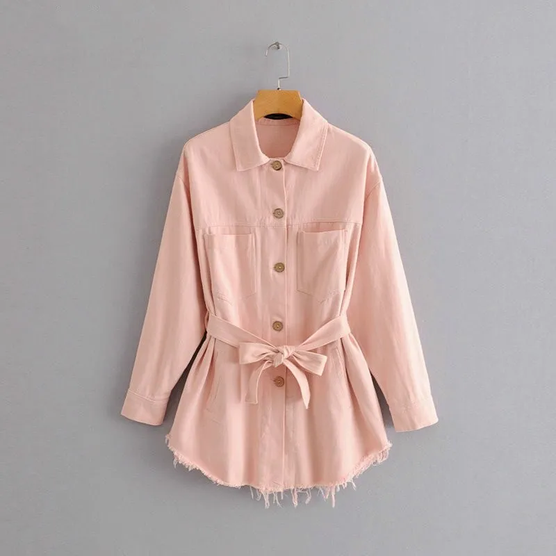 

Women Autumn Button Long Sleeve Denim Jacket Turn-Down Collar Spliced Casual Coats Pockets Sashes Asymmetric Long Jackets