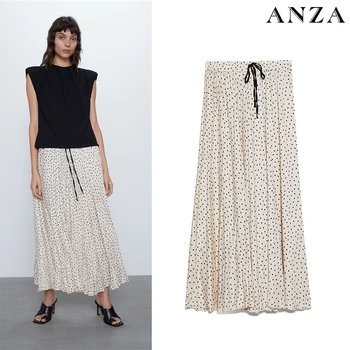 

ZA New Women Midiskirt with High Waist Solid Pleated Midiskirt 2020 New Summer Dot Print Chiffon Casual Loose Midiskirt