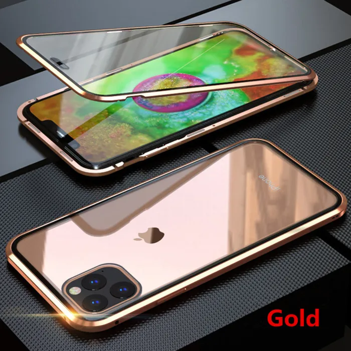 Металлический магнитный адсорбционный флип-чехол для iPhone 11 Pro Max XS MAX XR 8 7 6s 6 Plus 11 прозрачный двусторонний стеклянный Магнитный чехол - Цвет: Gold