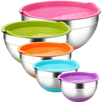 

7 Colors Stainless Steel Mixing Bowls with Non-Slip Silicone Bottom and Lid Egg Mixer Salad Bowls for Home Kitchen